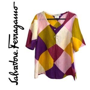 Vintage SALVATORE FERRAGAMO Colorblock linen relaxed loose short sleeve Blouse 6